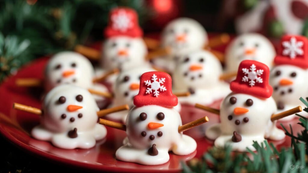 viral Christmas treats in 2025 melted snowman truffles on a holiday plate