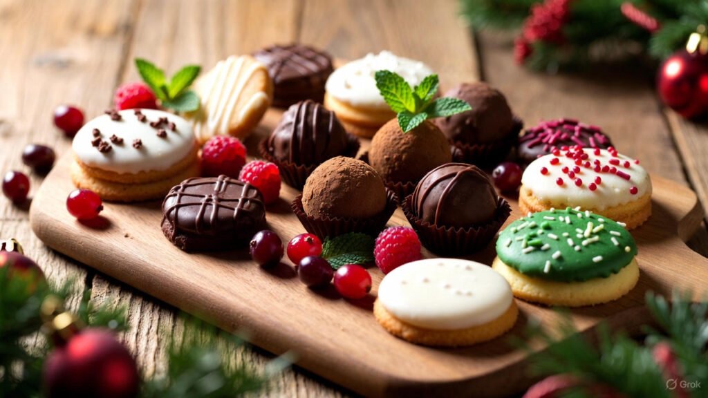 “christmas dessert board with cookies chocolates and berries”
