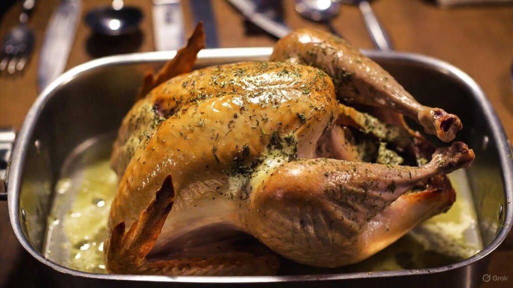 Cook ahead Christmas recipes roast turkey seasoned and ready to refrigerate.