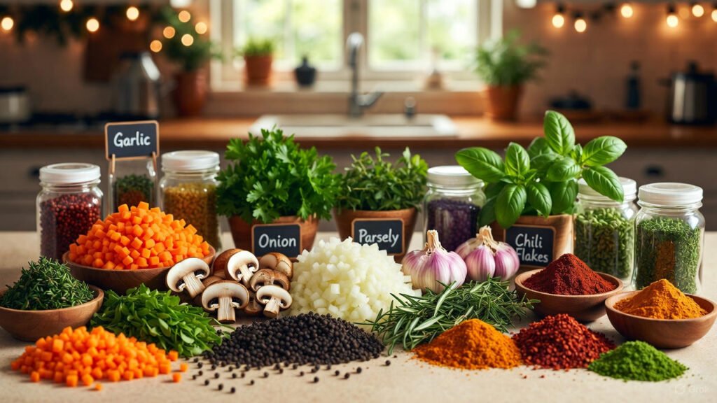 “organized kitchen with Christmas dinner plan ingredients prepped and labeled”