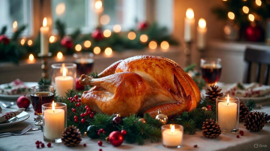 “Christmas food traditions holiday dinner table with turkey and sides”
